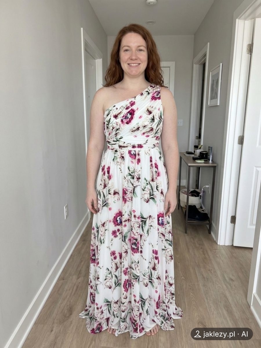 Wirtualna przymiarka AI (plus size, 32 lata), suknia: Kwiaty na jedno ramię